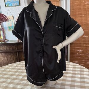 Black Satin Pajama Set with White Piping